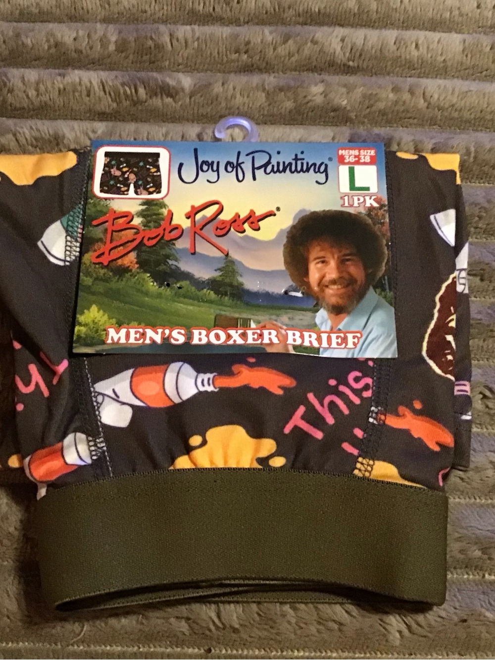 Bob Ross Men’s Boxer Brief – Black with Multi-Color Paint Print, Large